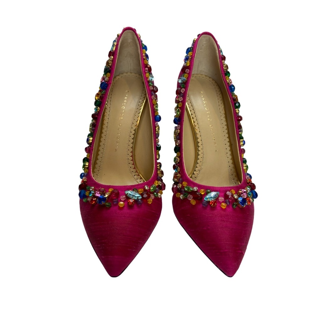 Charlotte Olympia Semiprecious Hot Pink Crystal Silk Pump EU 36.5 US 6.5 NIB